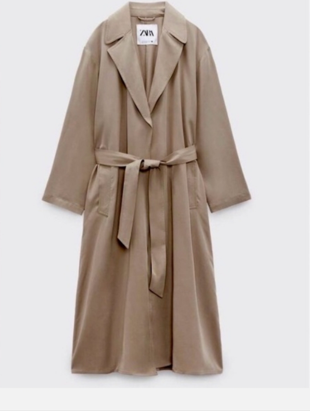 Women's Zara Size Large Tan Tie Waist Trench Sweater Wrap Lightweight